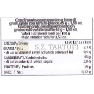 Condimento gastronomico a base di Grattugiata con Tartufo Bianco 45g Condimento gastronomico a base di Grattugiata con Tartufo Bianco 45g